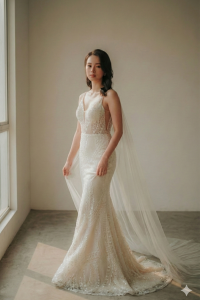 201RYW01 Mia Champagne Spag Geometry Trumpet Bridal event wedding dress reception rental custom make