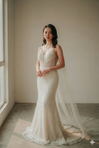 201RYW01 Mia Champagne Spag Geometry Trumpet ROM wedding dress rental Malaysia, Satin Wedding Dress Rental Kuala Lumpur
