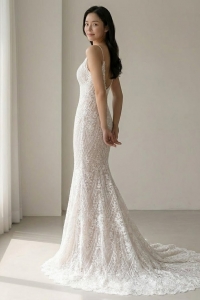 201RYW03 Sophia Skin Spag Baroque full lace trumpet spaghetti strap, Full lace wedding dress malaysia, Petite Bridal Wedding Dress rental Kuala Lumpur, Sexy Wedding Gown Malaysia