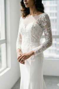 211BY11W03 Ashley Long Sleeves Silk Satin Lace Sheath Silver trumpet Gaun Pengantin Kuala Lumpur Sewa, Petite Bride Dress Rental Malaysia