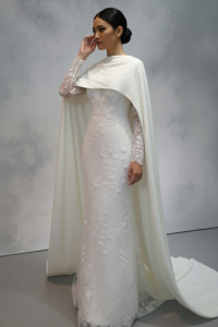 211BY11W02 Bailey LS Lace Zip Back Trumpet floral Long Sleeves Cape Wedding Dress Rental Kuala Lumpur French Lace wedding Dress rental Malaysia