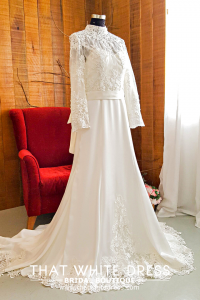 214LLWL01 Pure Plus Sweet Heart Silk Satin A line high collar long sleeves Pengantin Muslimah Saiz Besar Malaysia Sewa
