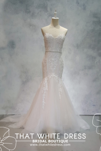 219YA01W02 Karlie Sweet heart mermaid baroque blush Petite wedding dress design Malaysia, Petite Bridal Wedding Dress rental Kuala Lumpur, Petite Bride Dress Rental Malaysia, French Chantilly Lace bridal dress custom make malaysia, Full lace wedding dress