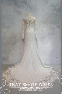 224EL04W01 Gigi2 LS Crepe illusion neck floral lace Wafa White Long Sleeves Wedding Dress Rental Malaysia, Pengantin Muslimah Malaysia, Muslim Bride Malaysia, Church wedding dress long Sleeves Malaysia