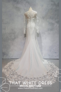 224EL04W01 Gigi2 LS Crepe illusion neck floral lace Wafa White Malay Wedding Dress Design Kuala Lumpur, Long Sleeves Wedding Dress Rental Malaysia, Bridal Dress Rental Malay Kuala Lumpur Rental, Petite Pengantin Gaun Sewa Malaysia