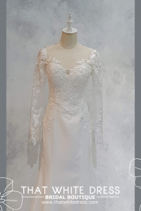 224EL04W01 Gigi2 LS Crepe illusion neck floral lace Wafa White Malay Wedding Dress Design Kuala Lumpur, Long Sleeves Wedding Dress Rental Malaysia, Bridal Dress Rental Malay Kuala Lumpur Rental, Petite Pengantin Gaun Sewa Malaysia
