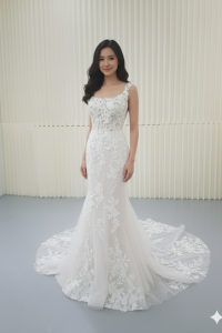 224ML03W05 Tora Square Neck Floral Lace Trumpet Wedding Dress Rental Minimalist Malaysia, Full lace wedding dress malaysia