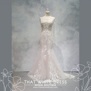 224ML03W05 Tora Square Neck Floral Lace Trumpet spaghetti strap, Full lace wedding dress malaysia, Petite Bridal Wedding Dress rental Kuala Lumpur, Sexy Wedding Gown Malaysia