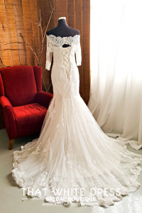412W05 MM off shoulder trumpet alencon 3_4 sleeves Malay Wedding Dress Design Kuala Lumpur