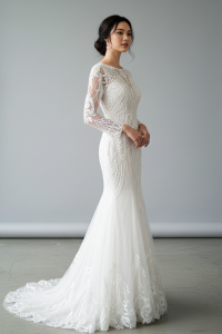 71LLW02 LL Long Sleeves Geometry Trumpet Low V back AI Bridal Gown rental Pengantin Gaun Sewa Petaling Jaya