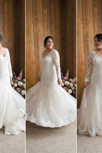 76LLWL01 LL Plus Long Sleeves V neck Alencon Lace Trumpet Keyhole Back  Pengantin Besar Gaun sewa