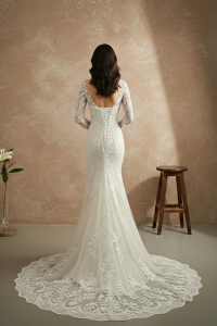 77LLW01 LL Amber Illusion Boat Neckline Trumpet Gaun Pengantin Kuala Lumpur Sewa, Petite Bride Dress Rental Malaysia