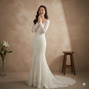 77LLW01 LL Amber Illusion Boat Neckline Trumpet Pengantin Malaysia Baju Sewa, French Lace wedding Dress rental Malaysia