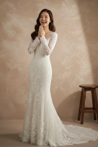 77LLW01 LL Amber Illusion Boat Neckline Trumpet Pengantin Malaysia Baju Sewa, French Lace wedding Dress rental Malaysia