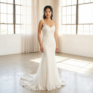 77LLW04 LL Gracia Sweet Heart Floral motif trumpet with detachable one shoulder ROM wedding dress rental Malaysia, Satin Wedding Dress Rental Kuala Lumpur