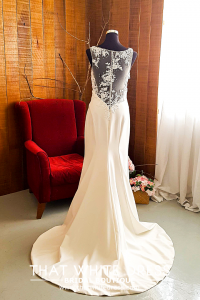 812BY02W01 Carryssa Round neck illusion back satin sheath 