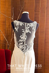 812BY02W01 Carryssa Round neck illusion back satin sheath ROM wedding dress rental Malaysia, Satin Wedding Dress Rental Kuala Lumpur