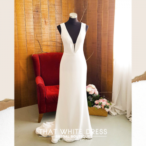 812BY02W04 Varyssa V neck Illusion back satin sheath ROM wedding dress rental Malaysia, Satin Wedding Dress Rental Kuala Lumpur