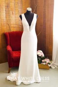 812BY02W04 Varyssa V neck Illusion back satin sheath ROM wedding dress rental Malaysia, Satin Wedding Dress Rental Kuala Lumpur