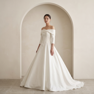 203BYW03 Saleena Off shoulder LS Duchess Satin Princess Model 2